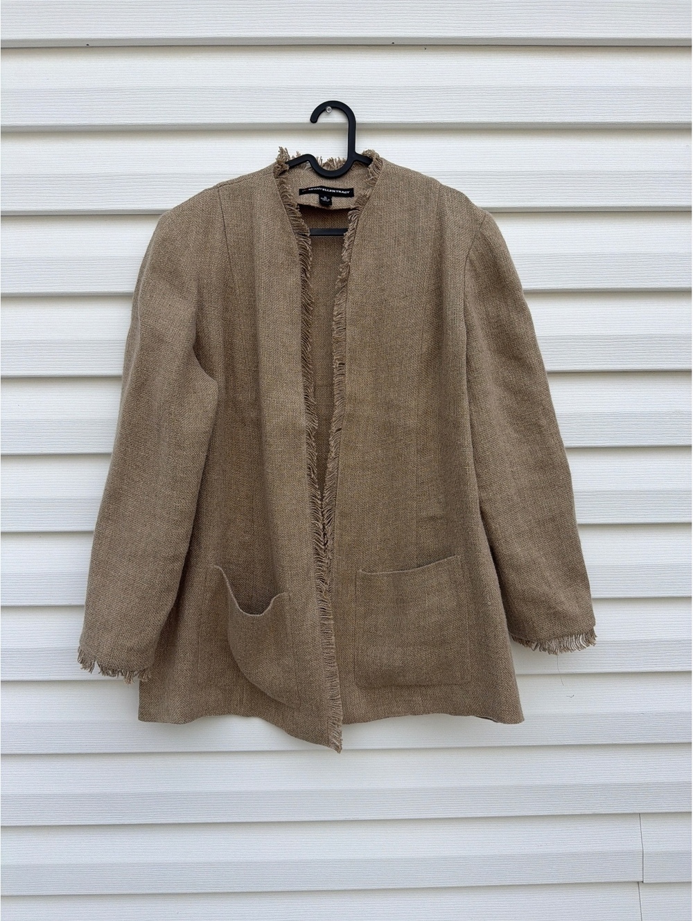 Ellen Tracy Women's Size 16 Tan 100% Linen Fringe Open Front Blazer Jacket
